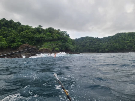 Capturada desde la orilla, esta foto muestra la hermosa playa de Isla Caleta, resaltando su papel como un escenario perfecto para la pesca deportiva en Panamá. Sus tranquilas aguas son un recordatorio de la paz que se puede encontrar en la naturaleza.