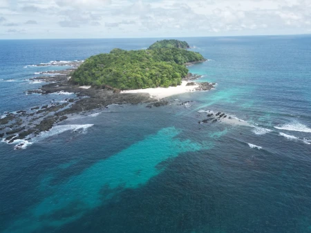 Esta impresionante toma aérea revela las aguas tranquilas y las playas inmaculadas de Isla Caleta, un destino imprescindible para los entusiastas de la pesca deportiva en Panamá.