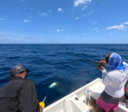 Nuestros alegres pescadores posan con su atún de aleta amarilla recién capturado, una verdadera prueba de habilidad y perseverancia. Celebrando la victoria en las cristalinas aguas de Cambutal, Panamá.
